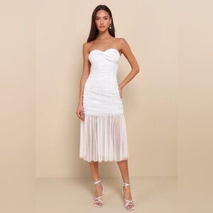 Lulus Medium Sparkling Babe White‎ Mesh Rhinestone Ruched Strapless Midi Dress